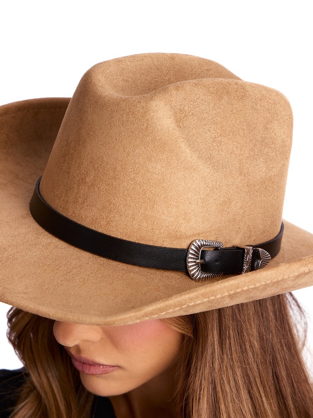 Tan Cowboy Hat with Faux Black Leather Band and Silver Buckle